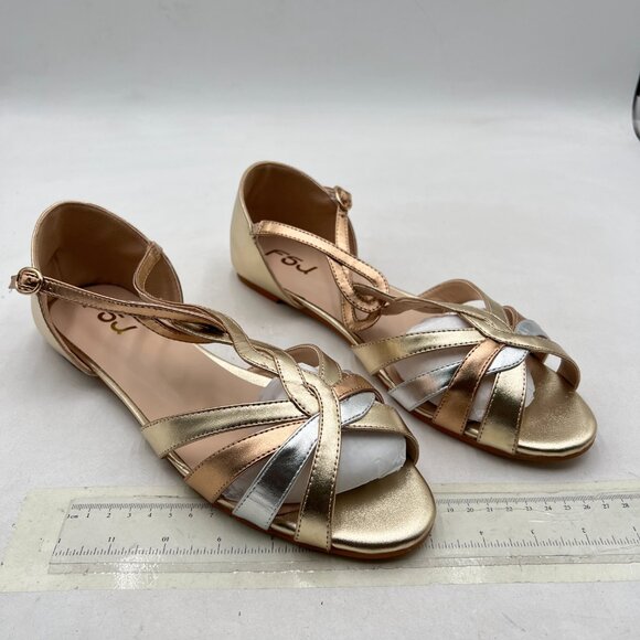 FSJ Gold Cute Strappy Peep Open Toe Flat D'Orsay T-Strap Ankle Buckle Sandals - Picture 4 of 8